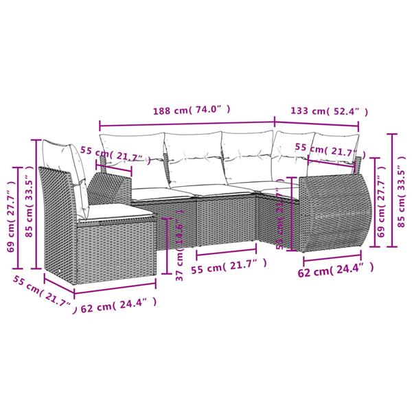 Grote foto vidaxl 5 delige loungeset met kussens poly rattan zwart tuin en terras tuinmeubelen