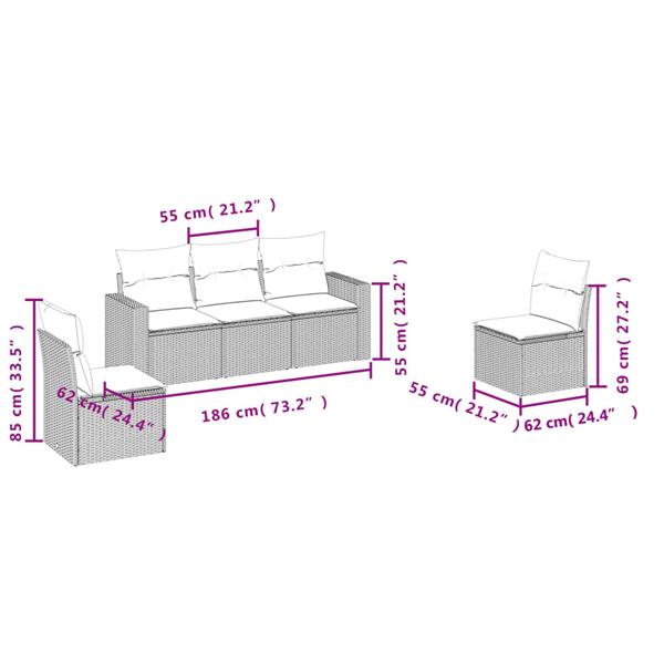 Grote foto vidaxl 5 delige loungeset met kussens poly rattan bruin tuin en terras tuinmeubelen