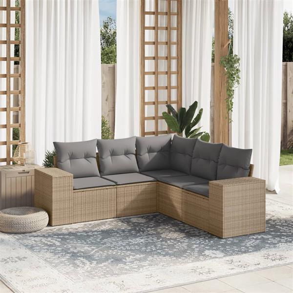 Grote foto vidaxl 5 delige loungeset met kussens poly rattan beige tuin en terras tuinmeubelen