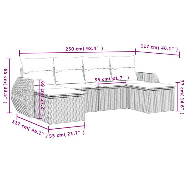 Grote foto vidaxl 6 delige loungeset met kussens poly rattan zwart tuin en terras tuinmeubelen