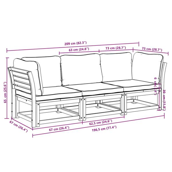 Grote foto vidaxl 3 delige loungeset met kussens massief acaciahout tuin en terras tuinmeubelen