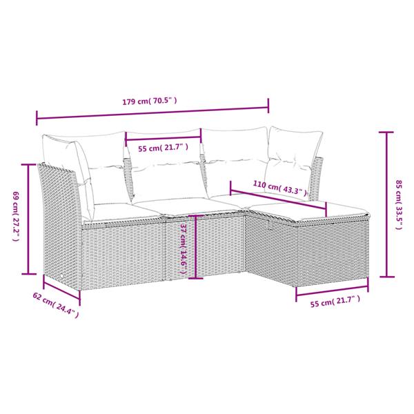 Grote foto vidaxl 4 delige loungeset met kussens poly rattan bruin tuin en terras tuinmeubelen