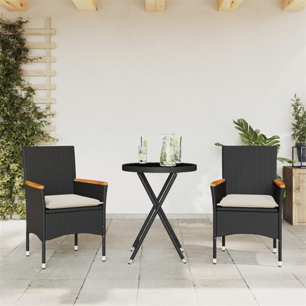 Grote foto vidaxl 3 delige bistroset met kussens poly rattan en glas zwart tuin en terras tuinmeubelen