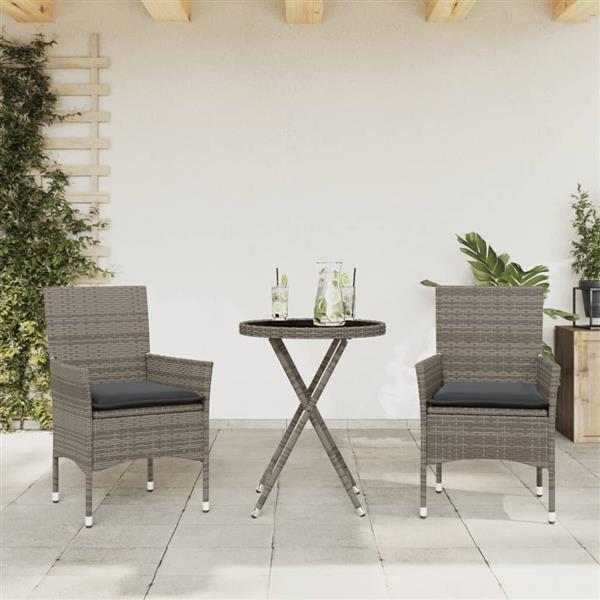 Grote foto vidaxl 3 delige bistroset met kussens poly rattan en glas grijs tuin en terras tuinmeubelen