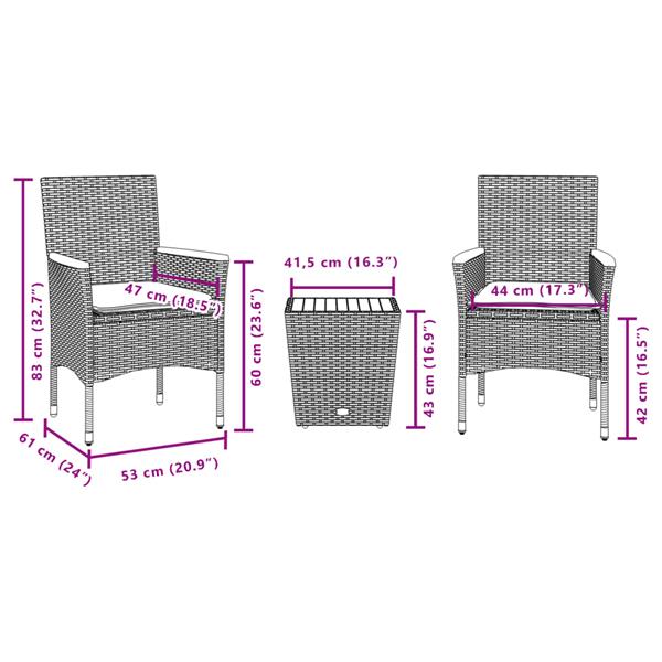 Grote foto vidaxl 3 delige bistroset met kussens poly rattan en glas zwart tuin en terras tuinmeubelen