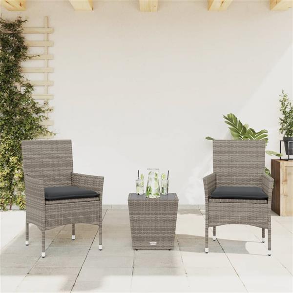 Grote foto vidaxl 3 delige bistroset met kussens poly rattan en glas grijs tuin en terras tuinmeubelen