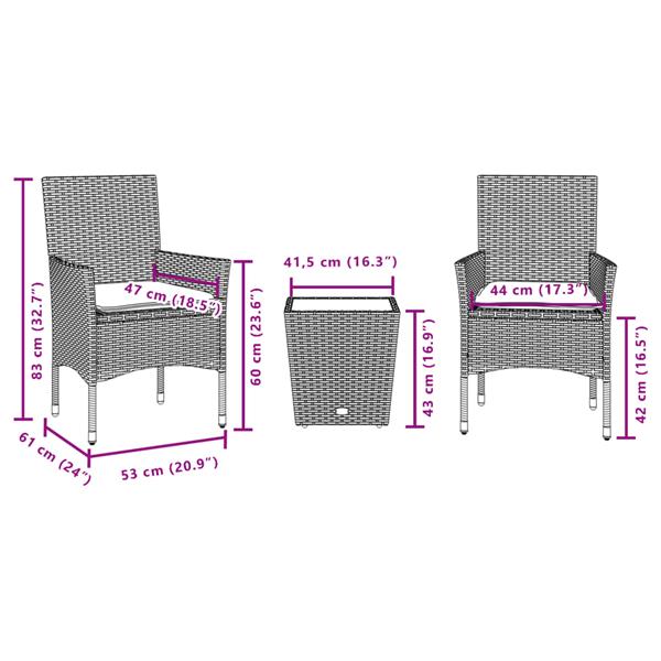 Grote foto vidaxl 3 delige bistroset met kussens poly rattan en glas zwart tuin en terras tuinmeubelen