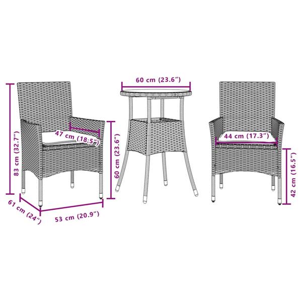 Grote foto vidaxl 3 delige tuinset met kussens poly rattan en glas grijs tuin en terras tuinmeubelen