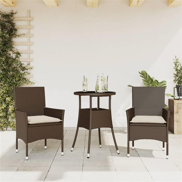 Grote foto vidaxl 3 delige tuinset met kussens poly rattan en glas bruin tuin en terras tuinmeubelen