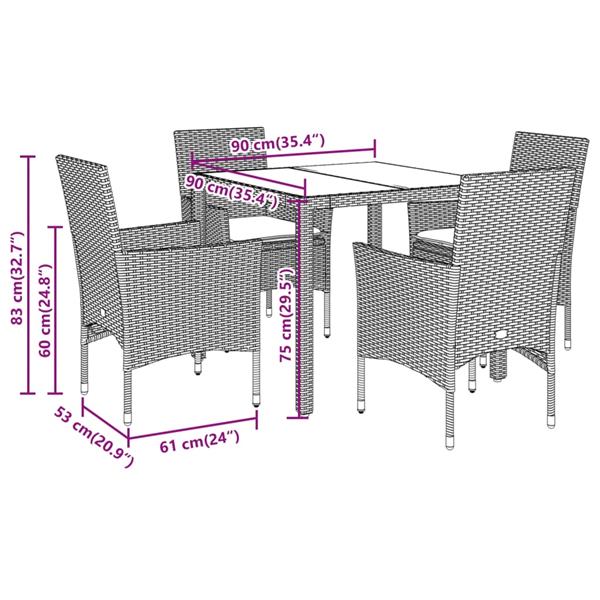 Grote foto vidaxl 5 delige tuinset met kussens poly rattan en glas grijs tuin en terras tuinmeubelen