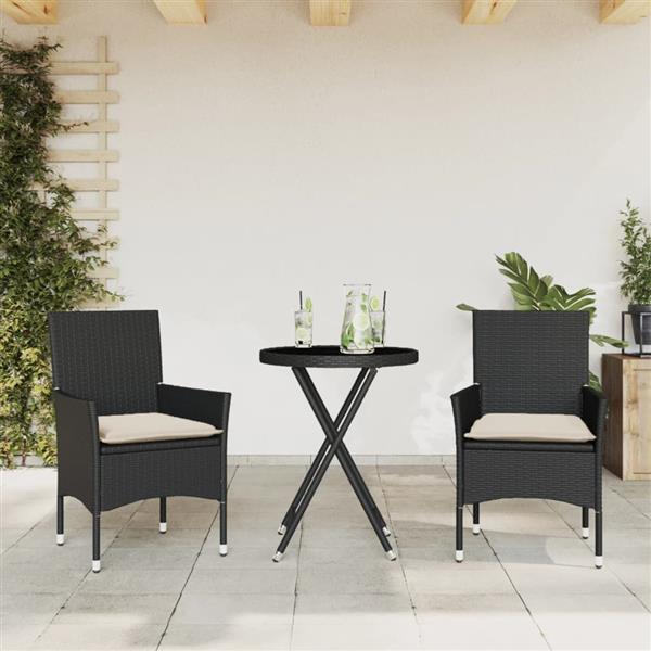 Grote foto vidaxl 3 delige bistroset met kussens poly rattan en glas zwart tuin en terras tuinmeubelen