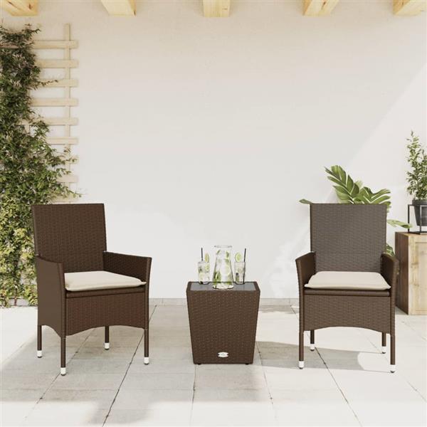 Grote foto vidaxl 3 delige bistroset met kussens poly rattan en glas bruin tuin en terras tuinmeubelen