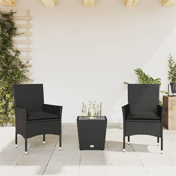 Grote foto vidaxl 3 delige bistroset met kussens poly rattan en glas zwart tuin en terras tuinmeubelen