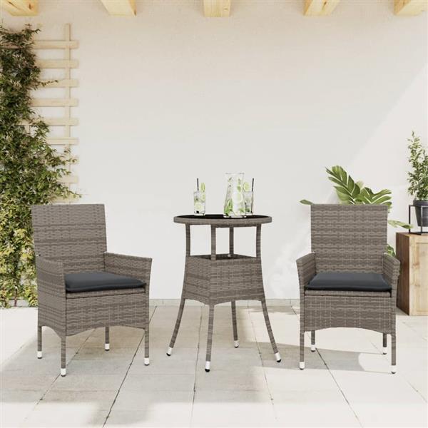 Grote foto vidaxl 3 delige tuinset met kussens poly rattan en glas grijs tuin en terras tuinmeubelen