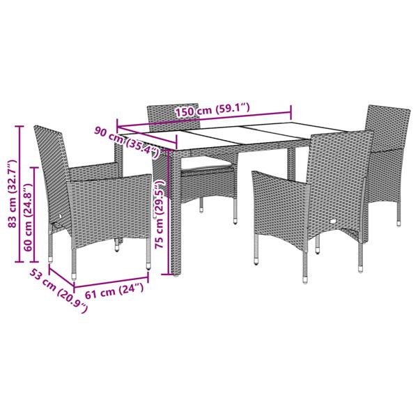 Grote foto vidaxl 5 delige tuinset met kussens poly rattan en glas grijs tuin en terras tuinmeubelen