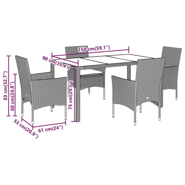 Grote foto vidaxl 5 delige tuinset met kussens poly rattan en glas zwart tuin en terras tuinmeubelen