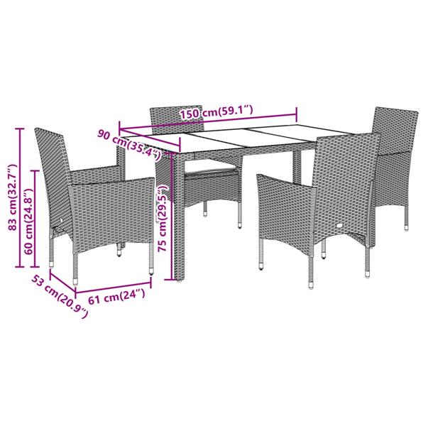 Grote foto vidaxl 5 delige tuinset met kussens poly rattan en glas zwart tuin en terras tuinmeubelen