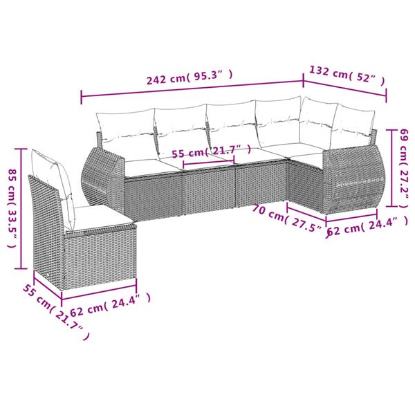 Grote foto vidaxl 6 delige loungeset met kussens poly rattan grijs tuin en terras tuinmeubelen