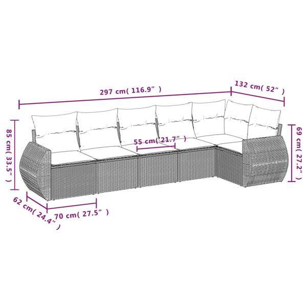 Grote foto vidaxl 6 delige loungeset met kussens poly rattan grijs tuin en terras tuinmeubelen