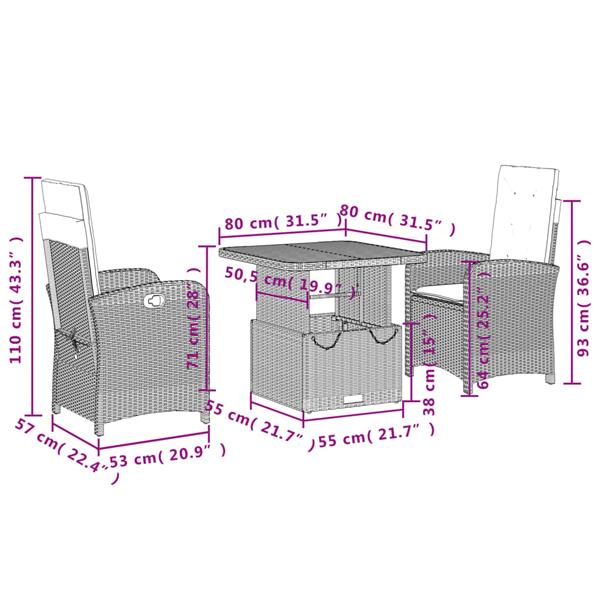 Grote foto vidaxl 3 delige tuinset met kussens poly rattan zwart tuin en terras tuinmeubelen