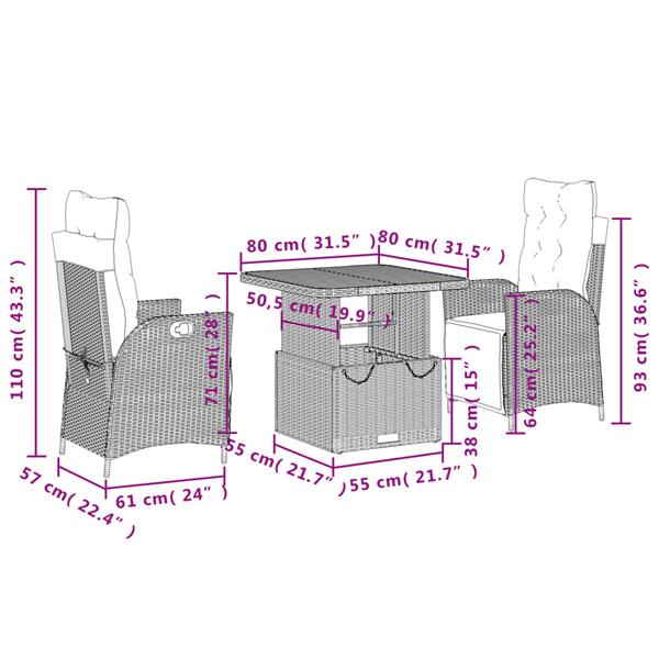 Grote foto vidaxl 3 delige tuinset met kussens poly rattan zwart tuin en terras tuinmeubelen