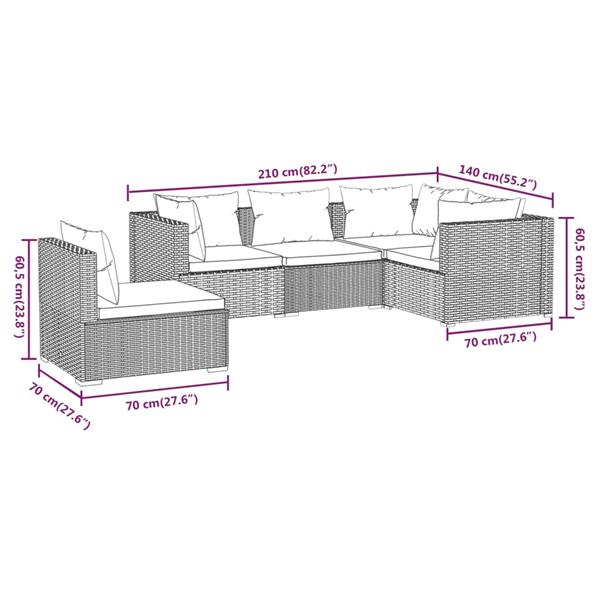 Grote foto vidaxl 5 delige loungeset met kussens poly rattan bruin tuin en terras tuinmeubelen