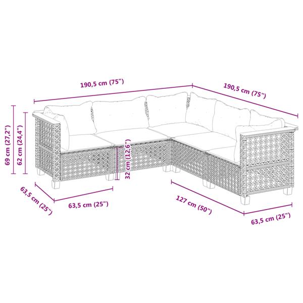 Grote foto vidaxl 5 delige loungeset met kussens poly rattan zwart tuin en terras tuinmeubelen