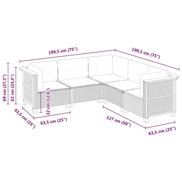 Grote foto vidaxl 5 delige loungeset met kussens poly rattan grijs tuin en terras tuinmeubelen