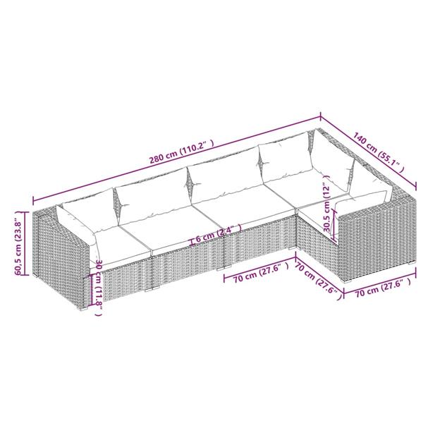 Grote foto vidaxl 5 delige loungeset met kussens poly rattan bruin tuin en terras tuinmeubelen