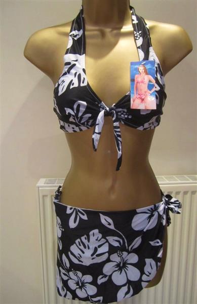 Grote foto zwarte bikini met witte print en pareo kleding dames badmode en zwemkleding