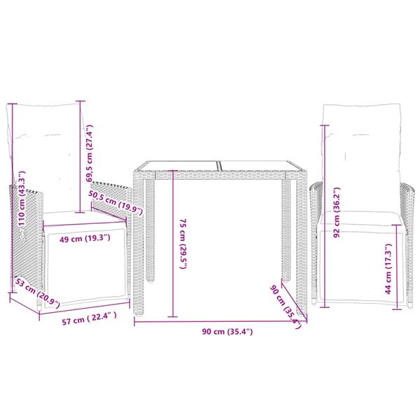 Grote foto vidaxl 3 delige bistroset met kussens poly rattan zwart tuin en terras tuinmeubelen