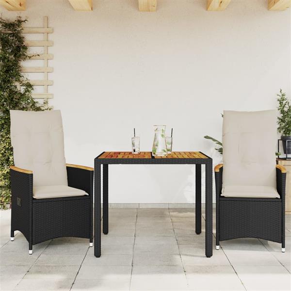 Grote foto vidaxl 3 delige bistroset met kussens poly rattan zwart tuin en terras tuinmeubelen