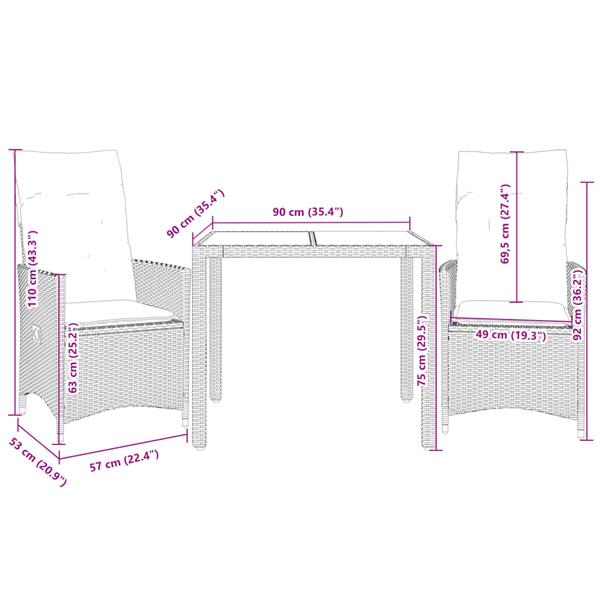 Grote foto vidaxl 3 delige bistroset met kussens poly rattan bruin tuin en terras tuinmeubelen