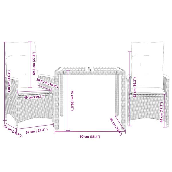 Grote foto vidaxl 3 delige bistroset met kussens poly rattan zwart tuin en terras tuinmeubelen