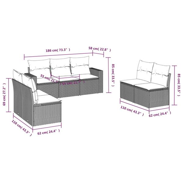 Grote foto vidaxl 7 delige loungeset met kussens poly rattan bruin tuin en terras tuinmeubelen