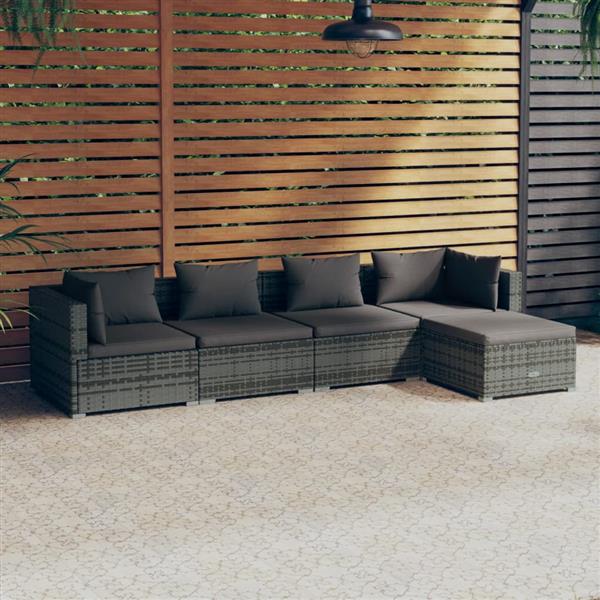 Grote foto vidaxl 5 delige loungeset met kussens poly rattan grijs tuin en terras tuinmeubelen