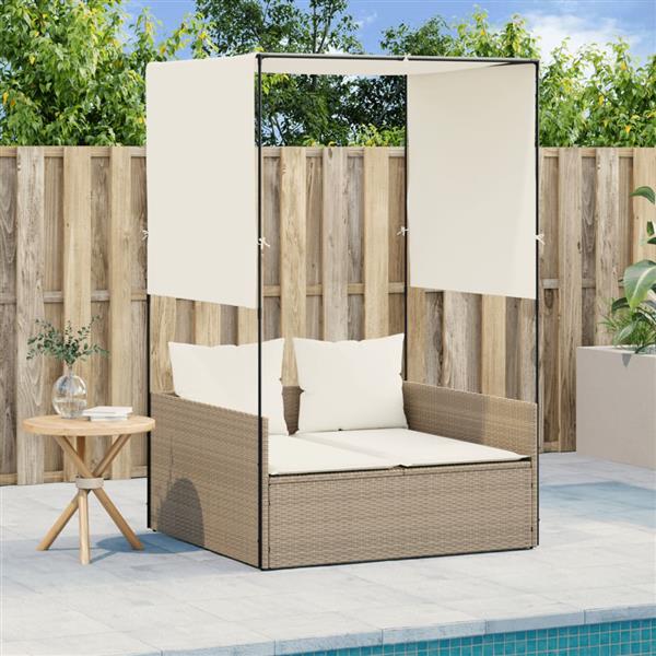 Grote foto vidaxl ligbed tweepersoons met dak en gordijn poly rattan beige tuin en terras tuinmeubelen