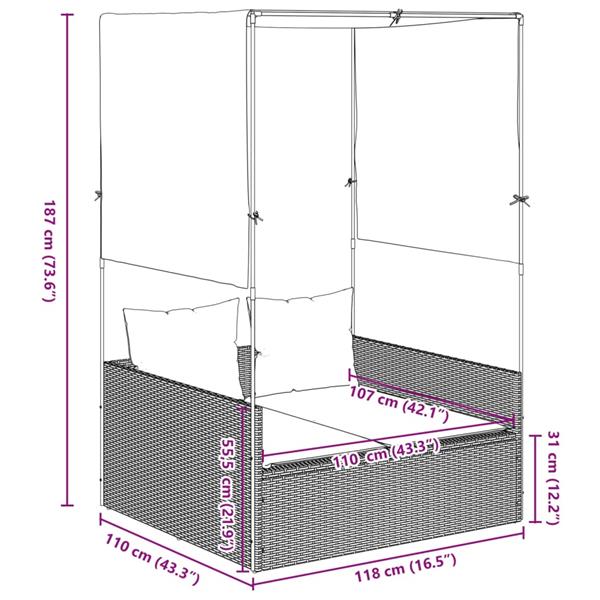 Grote foto vidaxl ligbed tweepersoons met dak en gordijn poly rattan bruin tuin en terras tuinmeubelen