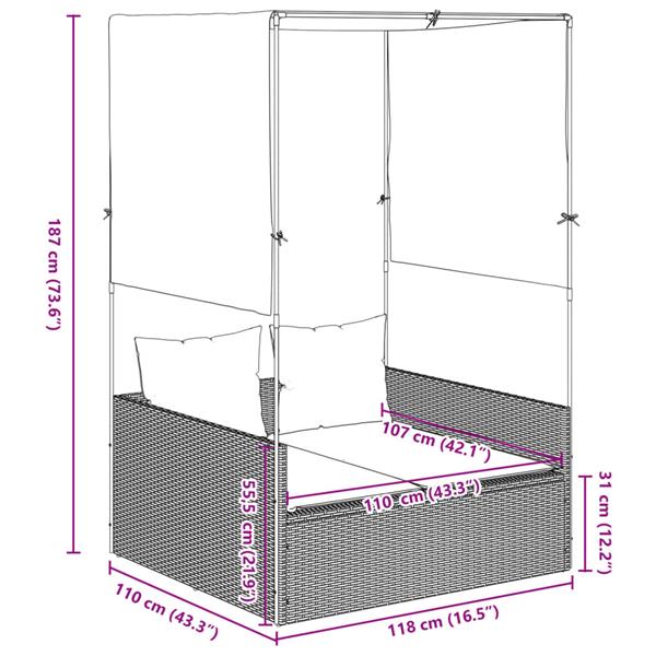 Grote foto vidaxl ligbed tweepersoons met dak en gordijn poly rattan grijs tuin en terras tuinmeubelen