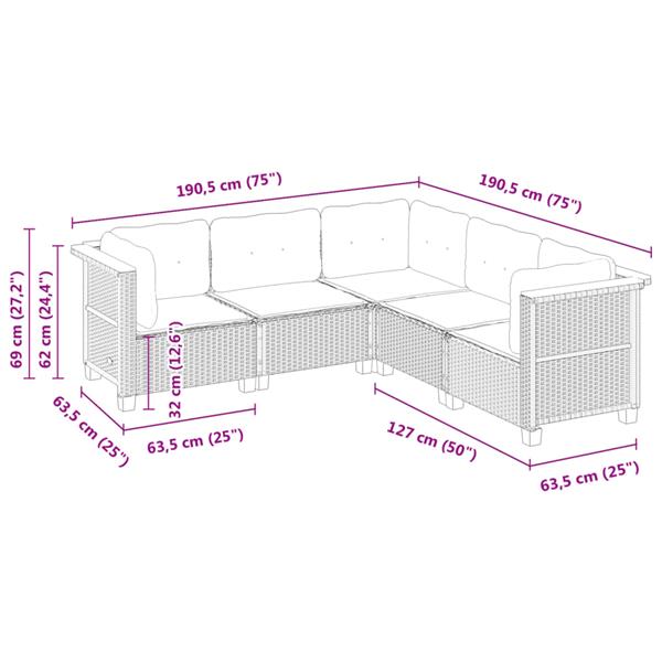 Grote foto vidaxl 5 delige loungeset met kussens poly rattan zwart tuin en terras tuinmeubelen