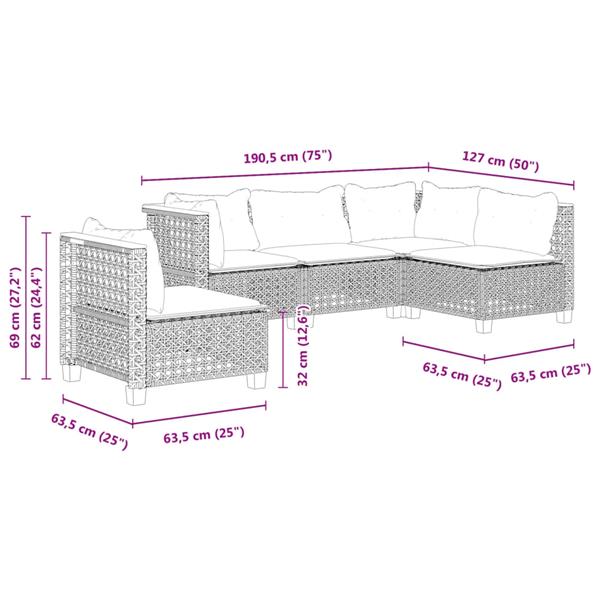 Grote foto vidaxl 5 delige loungeset met kussens poly rattan grijs tuin en terras tuinmeubelen