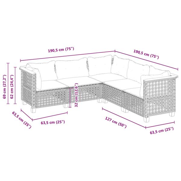 Grote foto vidaxl 5 delige loungeset met kussens poly rattan grijs tuin en terras tuinmeubelen