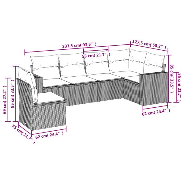 Grote foto vidaxl 6 delige loungeset met kussens poly rattan bruin tuin en terras tuinmeubelen