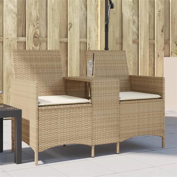 Grote foto vidaxl tuinbank 2 zits met tafel en kussens poly rattan beige tuin en terras tuinmeubelen