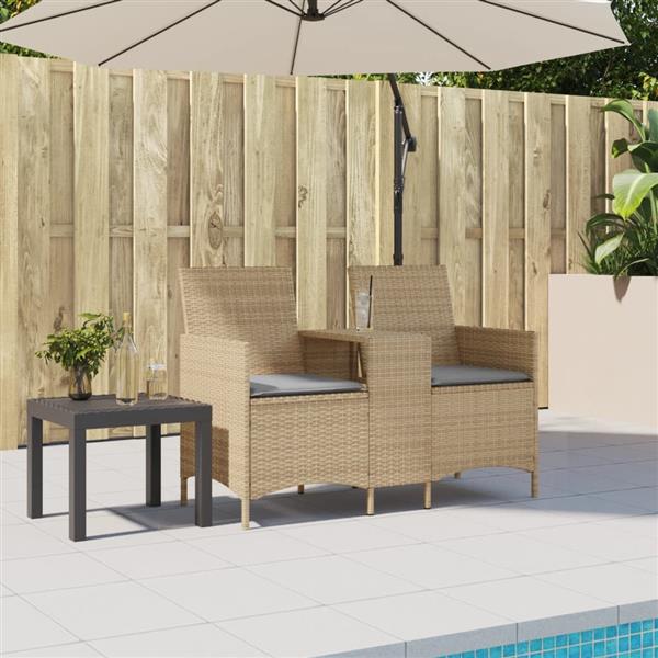 Grote foto vidaxl tuinbank 2 zits met tafel en kussens poly rattan beige tuin en terras tuinmeubelen