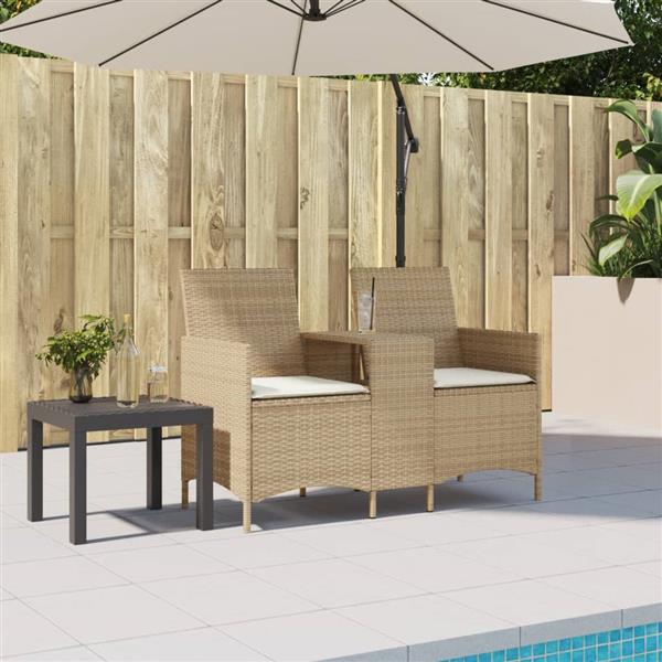 Grote foto vidaxl tuinbank 2 zits met tafel en kussens poly rattan beige tuin en terras tuinmeubelen