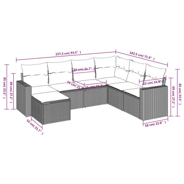 Grote foto vidaxl 7 delige loungeset met kussens poly rattan bruin tuin en terras tuinmeubelen