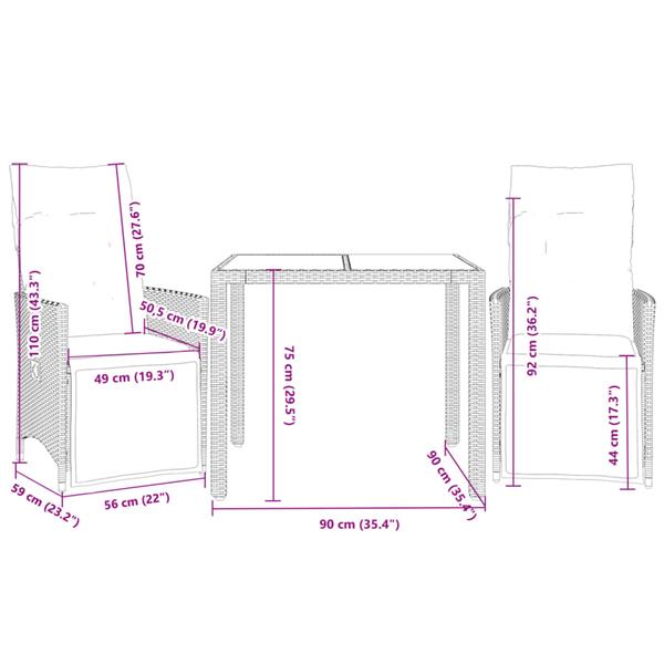 Grote foto vidaxl 3 delige bistroset met kussens poly rattan bruin tuin en terras tuinmeubelen