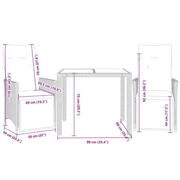 Grote foto vidaxl 3 delige bistroset met kussens poly rattan grijs tuin en terras tuinmeubelen