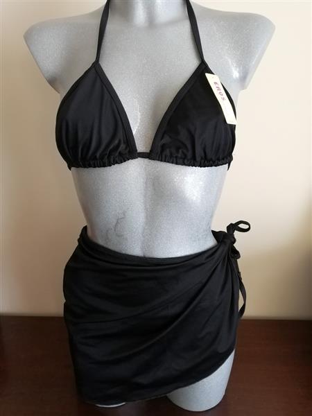 Grote foto zwarte 3 delige bikini met string en pareo kleding dames badmode en zwemkleding